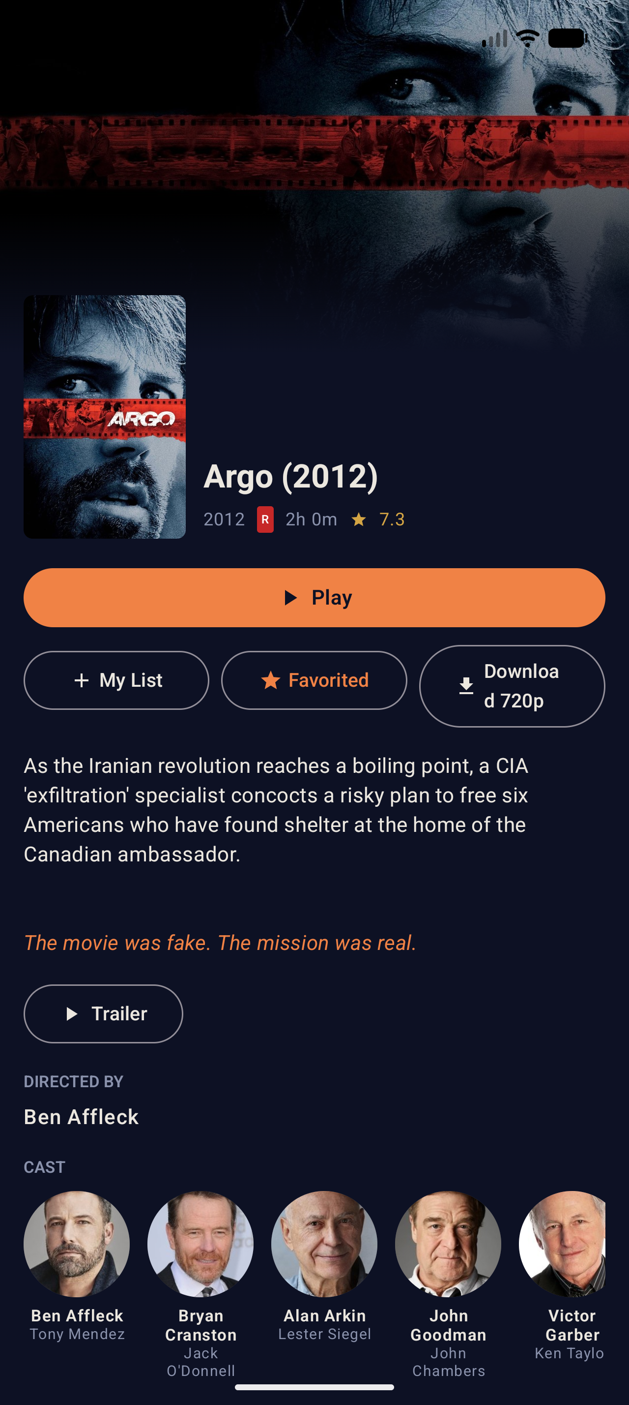 Phone detail page for Argo (2012). Title, year, runtime, rating. Action row: Play / My List / Favorited / Download 720p. Tagline, plot, director, cast portraits.