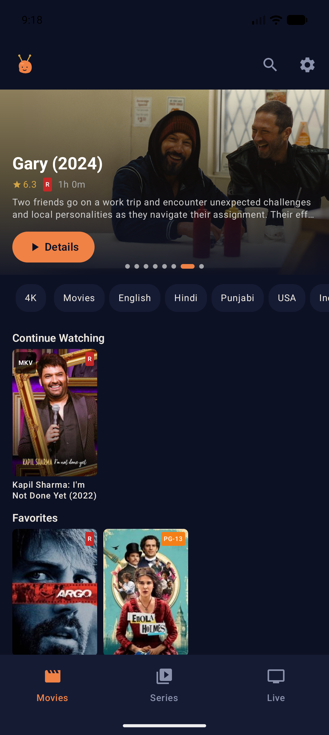 Phone home page. Hero with backdrop and Details button, language / quality chips, Continue Watching, Favorites. Bottom nav: Movies / Series / Live.