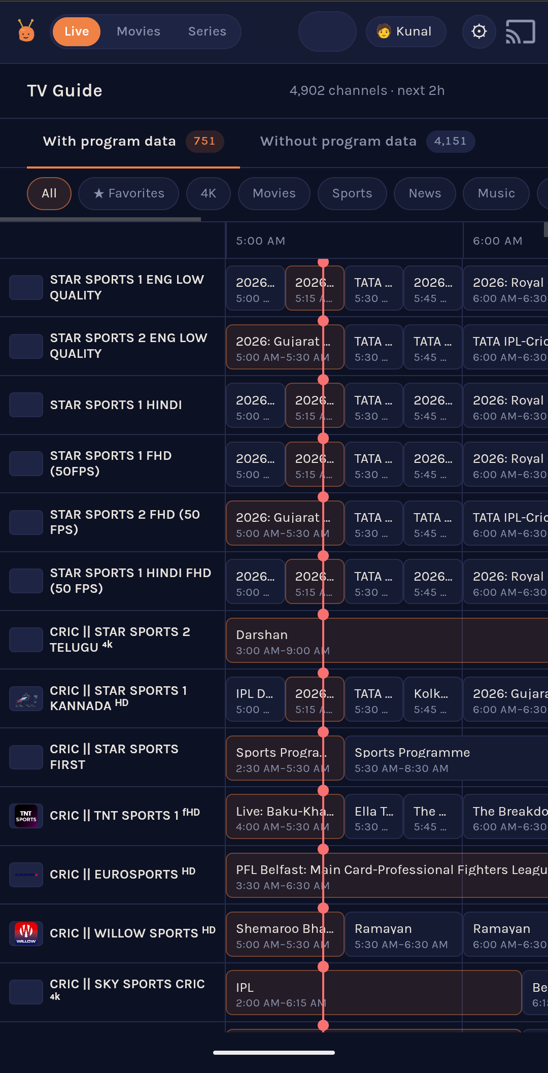 The live TV guide. Category chips across the top (All / Favorites / 4K / Movies / Sports / News / Music), then a "with program data" / "without" split below them. The grid is current and next-hour programs per channel; the red vertical line tracks now.