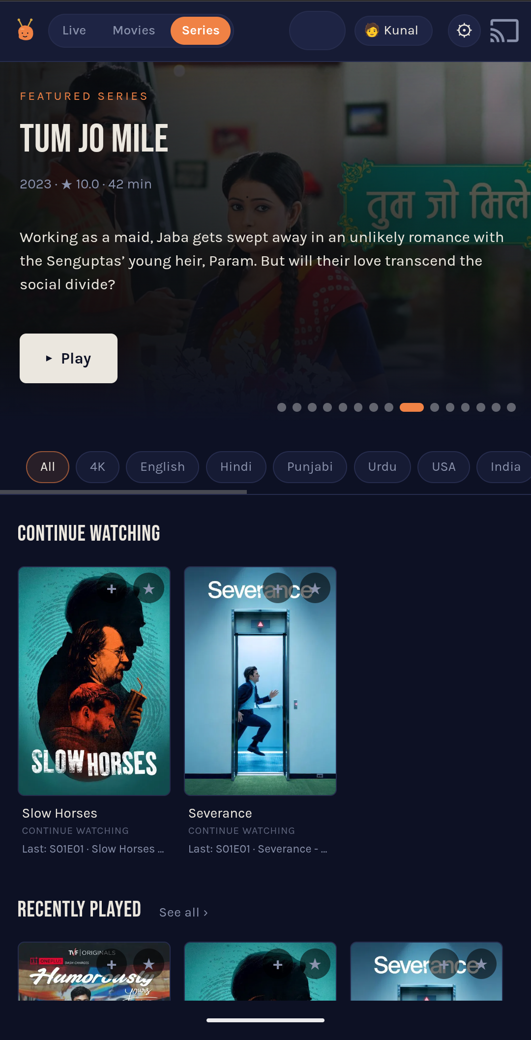 The series catalog. Same shape as movies — featured hero, language chips, Continue Watching shelf — but per-show.
